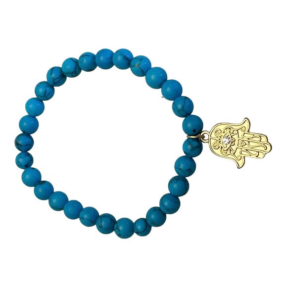 NEW Beaded HAMSA HAND EYE BRACELET Blue Gem Stone Beads Stretch Gold Charm NWOT - Picture 3 of 4